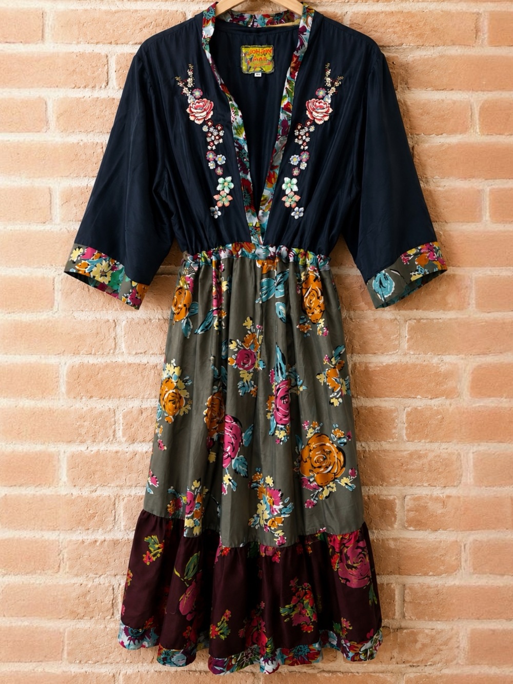 100% Silk Johnny Was Navy Blue Gray Maroon Embroidered Plus Size Kimono Dress 3X